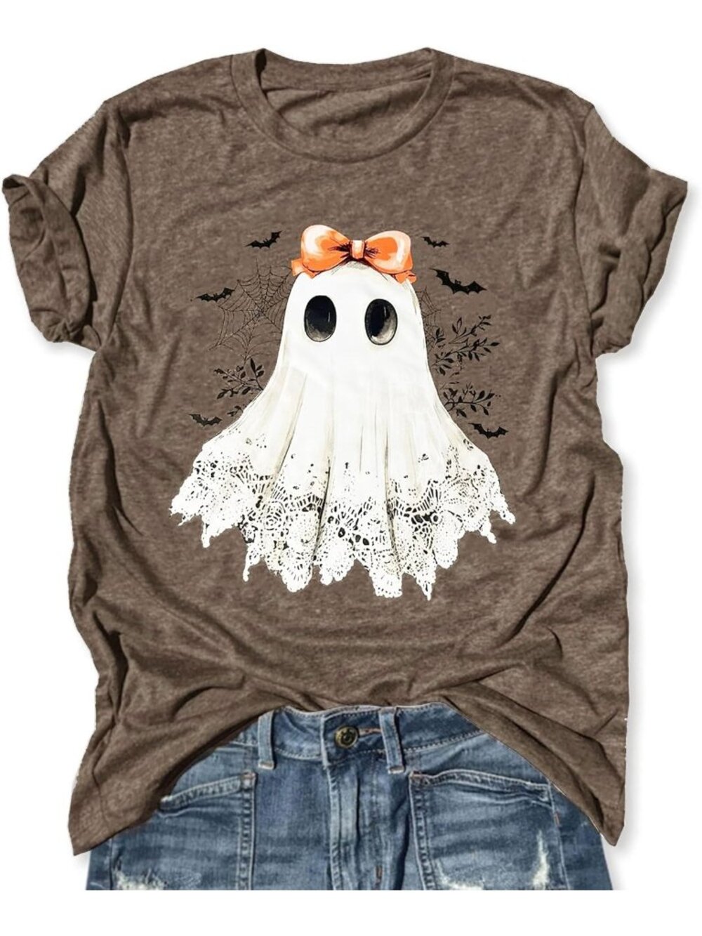 🆕 Women's Brown Ghost Orange Bow Halloween Graphic Tee Short Sleeve Shirt